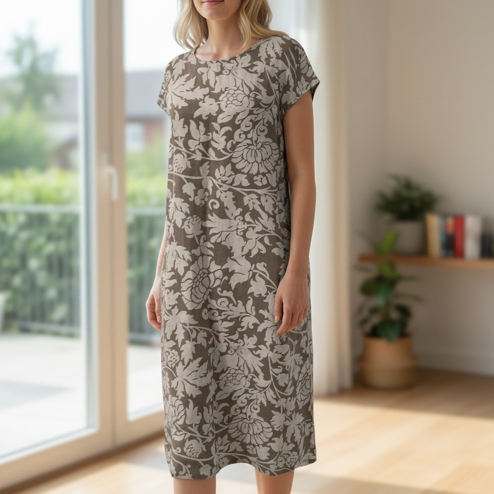 Made in Italy Women's Cap‎ Sleeve Linen Floral Midi Dress Taupe White Ribbed M/L